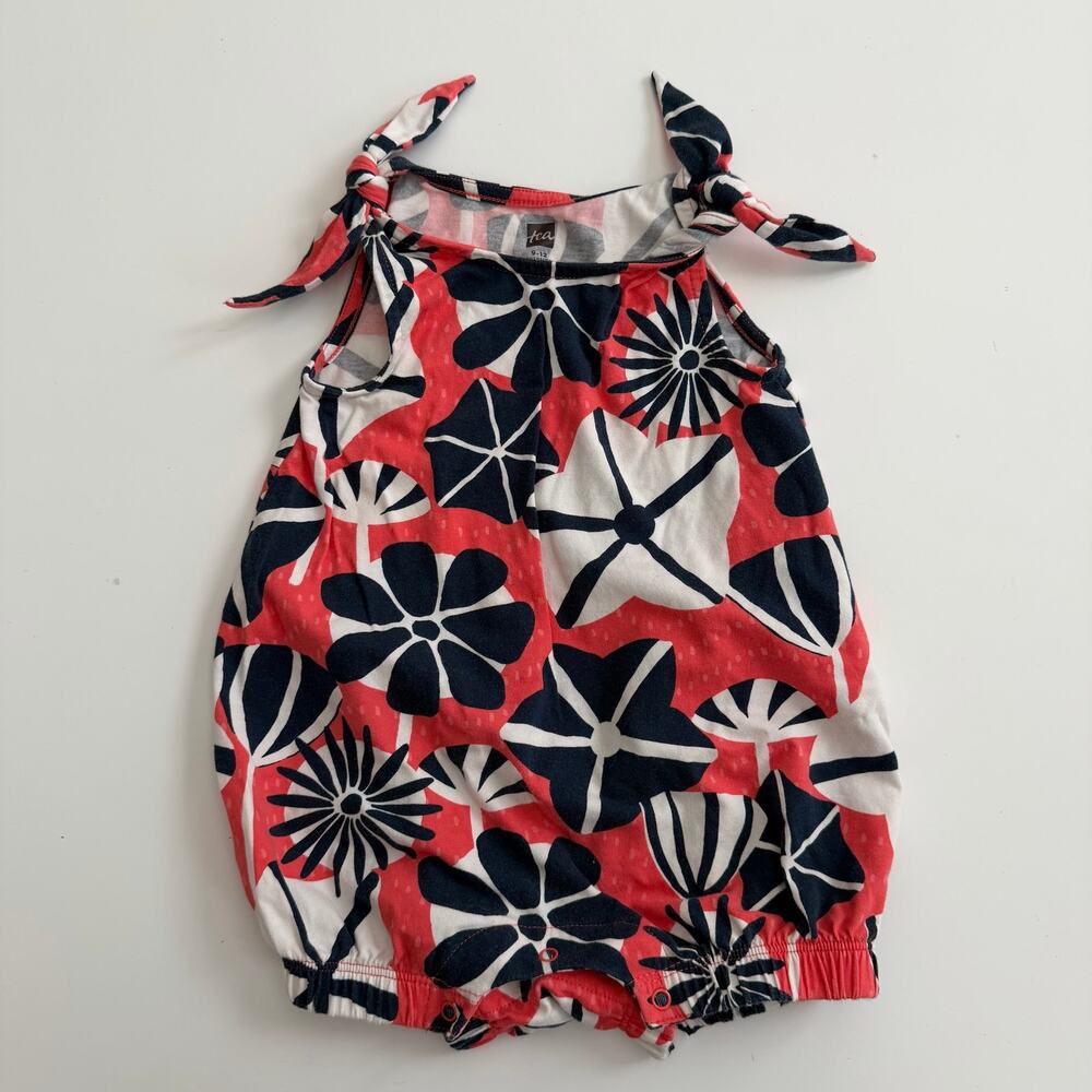 Tea Collection floral print shoulder tie bubble romper coral pink navy blue